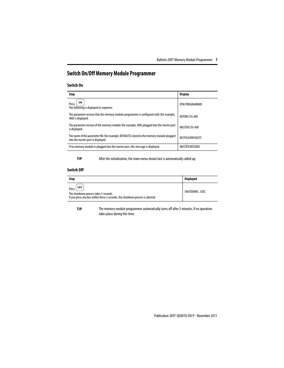 Switch on/off memory module programmer | Rockwell Automation 2097-PGMR Memory Module Programmer Quick Start User Manual | Page 7 / 16