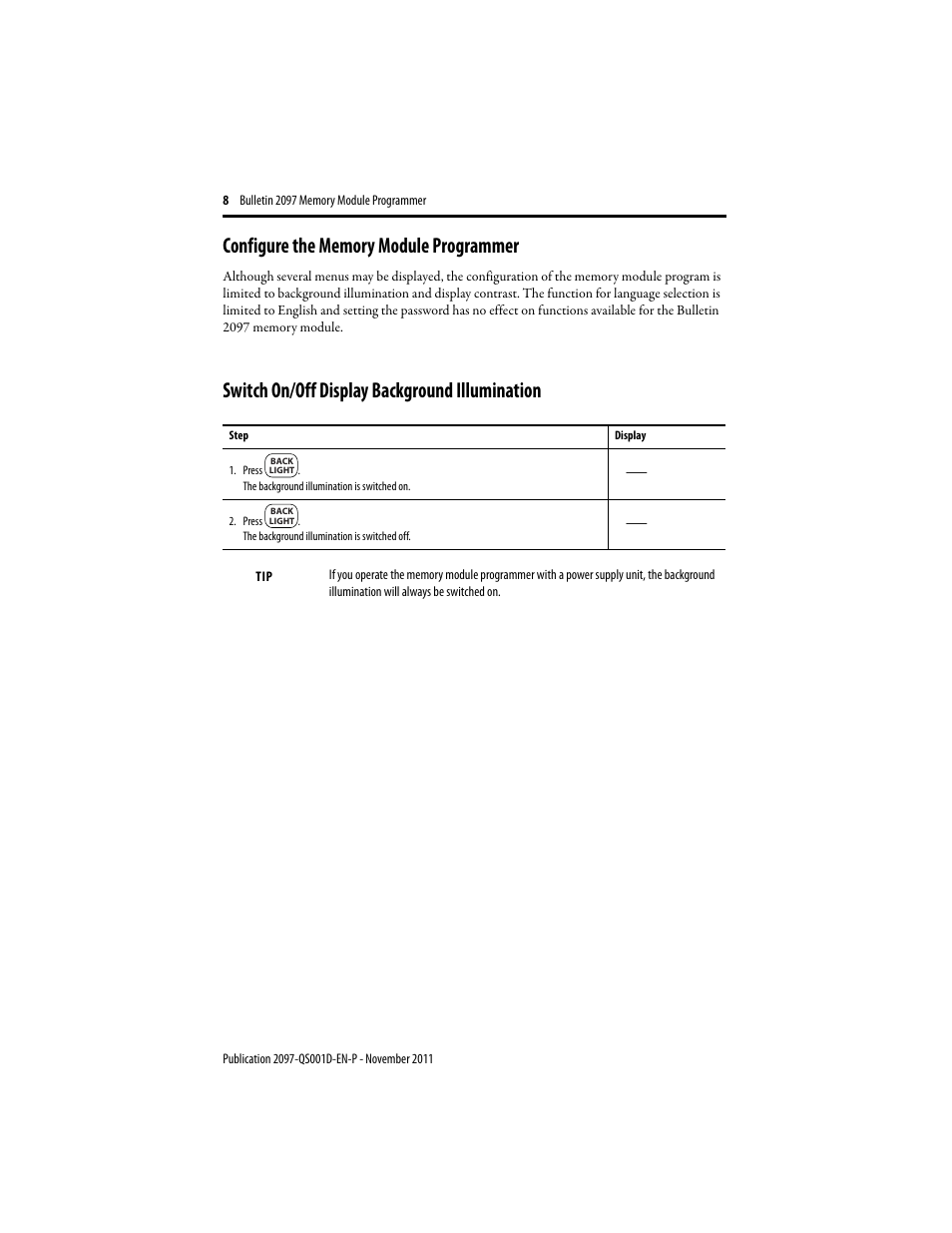 Configure the memory module programmer, Switch on/off display background illumination | Rockwell Automation 2097-PGMR Memory Module Programmer Quick Start User Manual | Page 8 / 16