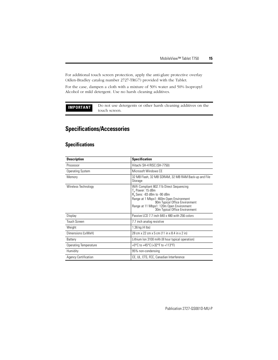 Specifications/accessories, Specifications | Rockwell Automation 2727-T7P30D1Fxx MobileView Tablet T750 Quick Start User Manual | Page 15 / 100