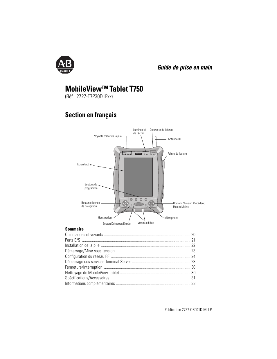 Section en français, Mobileview™ tablet t750, Guide de prise en main | Rockwell Automation 2727-T7P30D1Fxx MobileView Tablet T750 Quick Start User Manual | Page 19 / 100