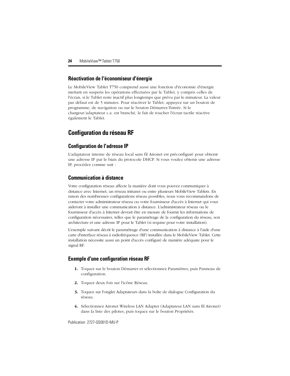 Configuration du réseau rf | Rockwell Automation 2727-T7P30D1Fxx MobileView Tablet T750 Quick Start User Manual | Page 24 / 100