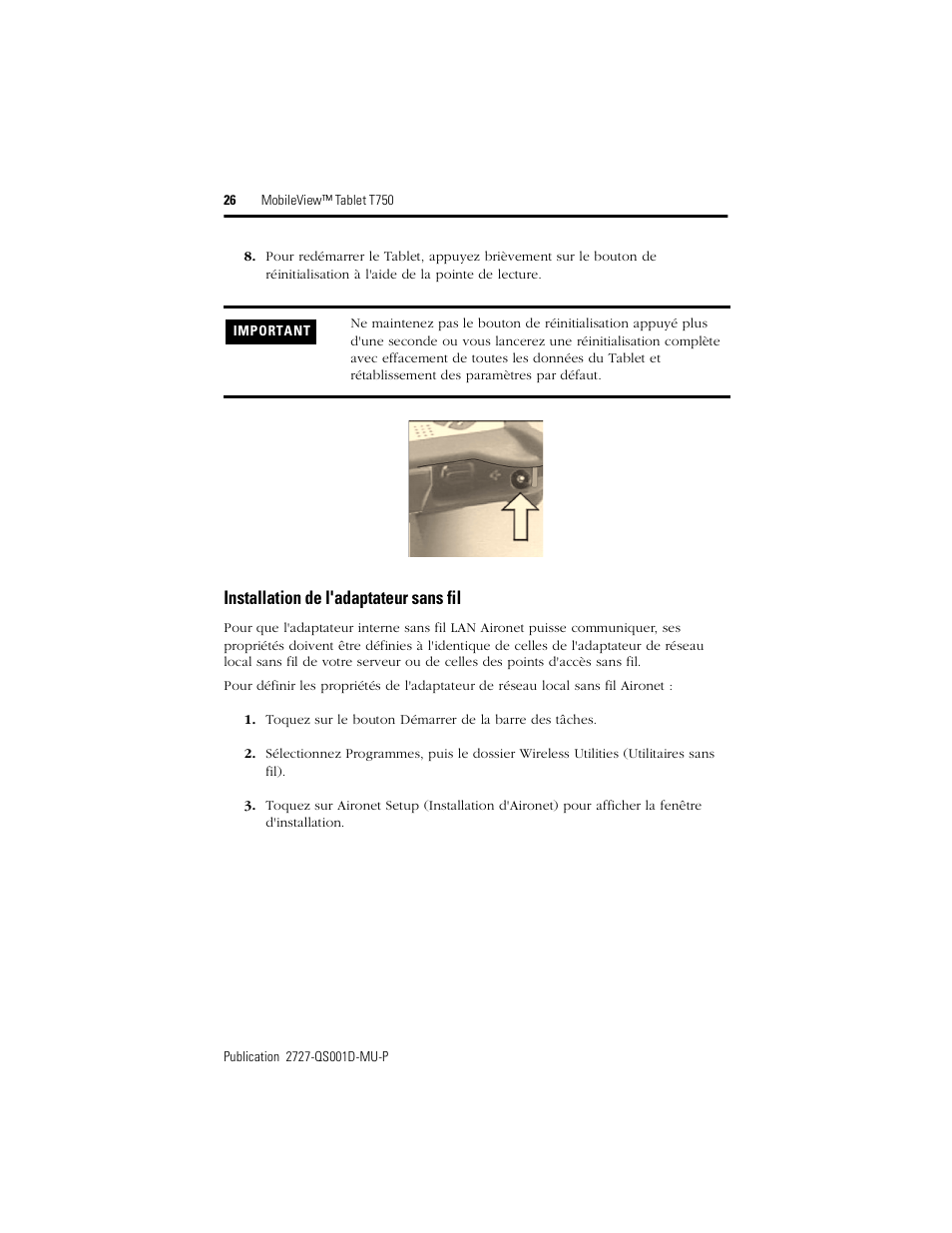 Installation de l'adaptateur sans fil | Rockwell Automation 2727-T7P30D1Fxx MobileView Tablet T750 Quick Start User Manual | Page 26 / 100