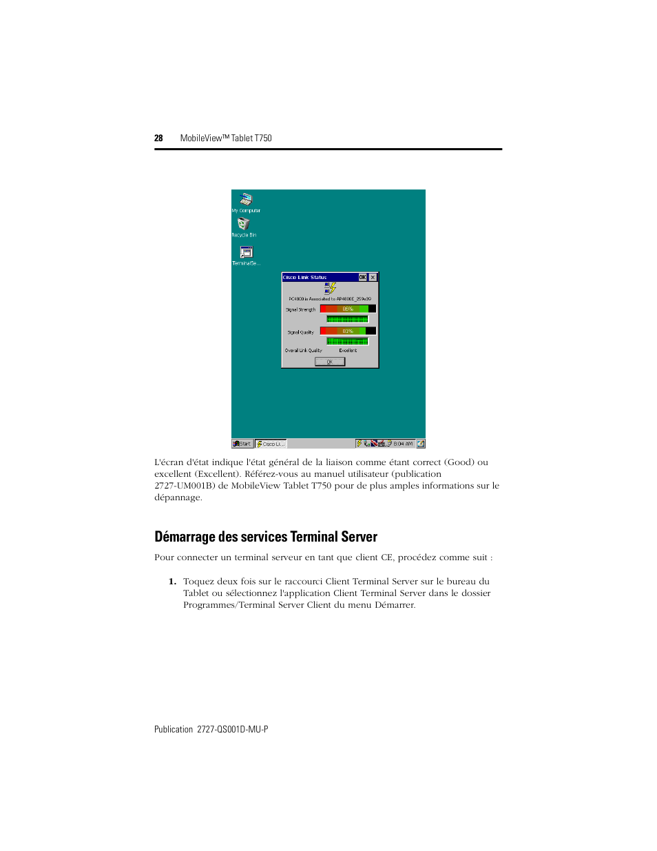 Démarrage des services terminalserver, Démarrage des services terminal server | Rockwell Automation 2727-T7P30D1Fxx MobileView Tablet T750 Quick Start User Manual | Page 28 / 100