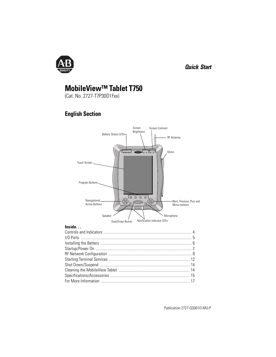 English section, Mobileview™ tablet t750, Quick start | Rockwell Automation 2727-T7P30D1Fxx MobileView Tablet T750 Quick Start User Manual | Page 3 / 100