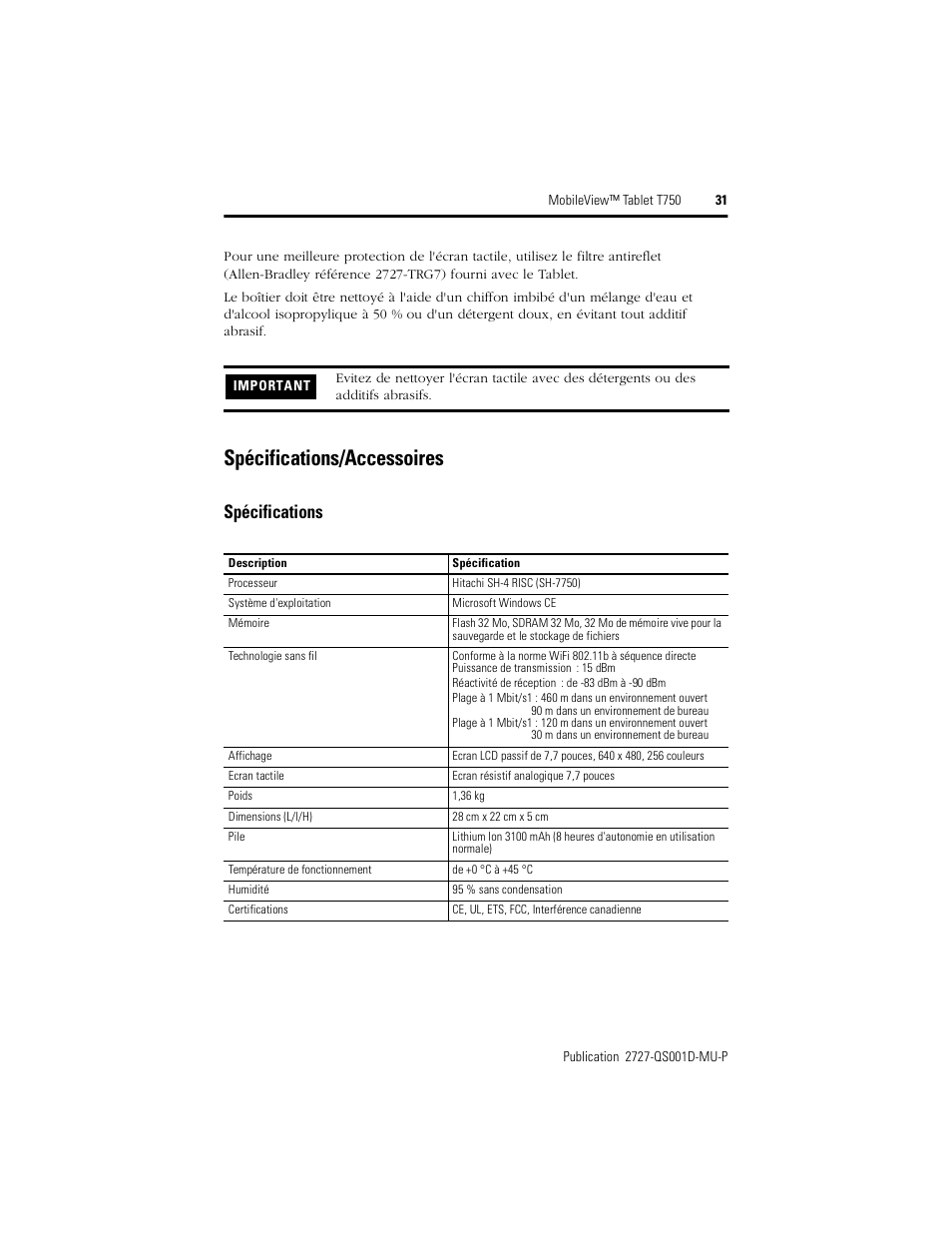 Spécifications/accessoires, Spécifications | Rockwell Automation 2727-T7P30D1Fxx MobileView Tablet T750 Quick Start User Manual | Page 31 / 100