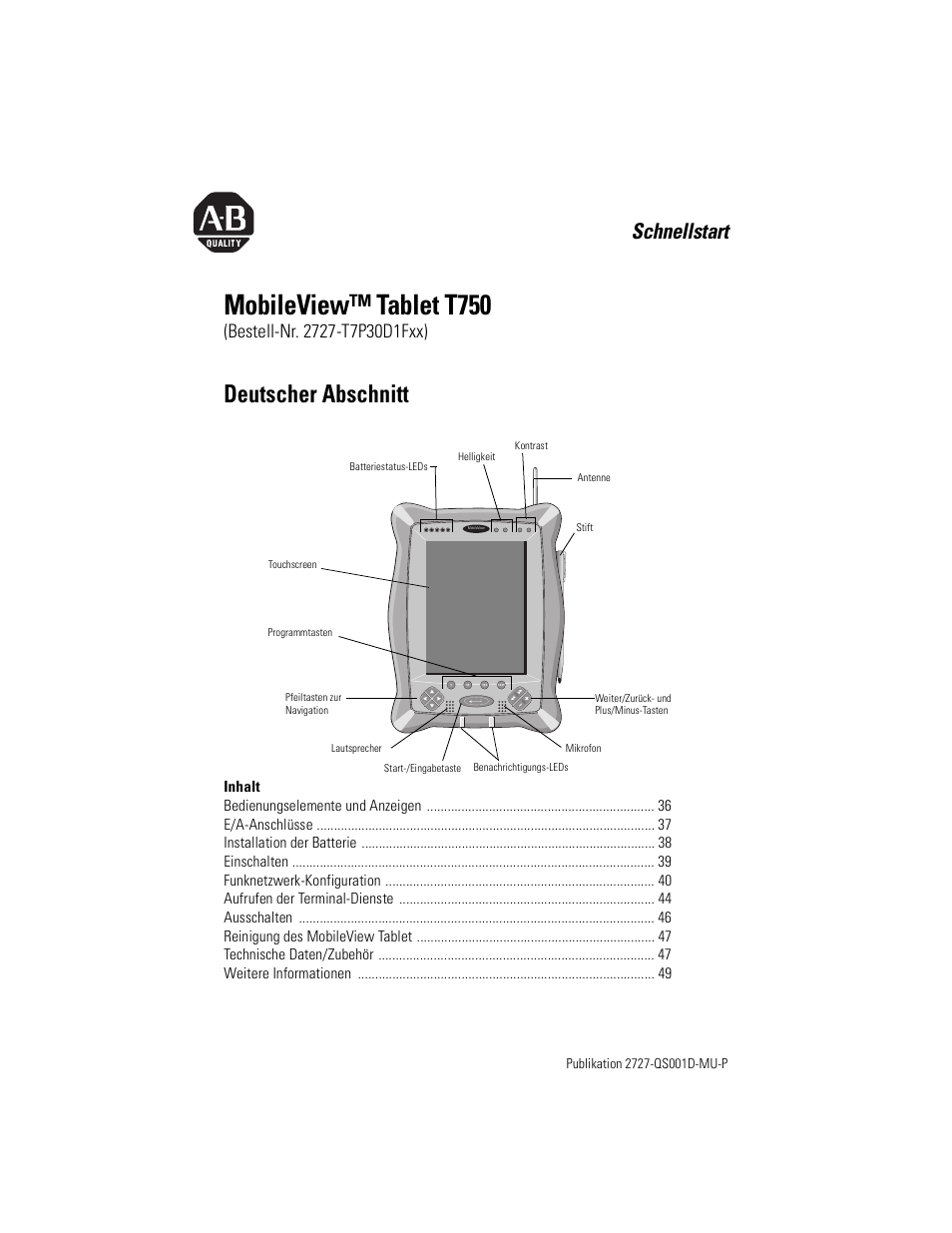 Deutscher abschnitt, Mobileview™ tablet t750, Schnellstart | Rockwell Automation 2727-T7P30D1Fxx MobileView Tablet T750 Quick Start User Manual | Page 35 / 100