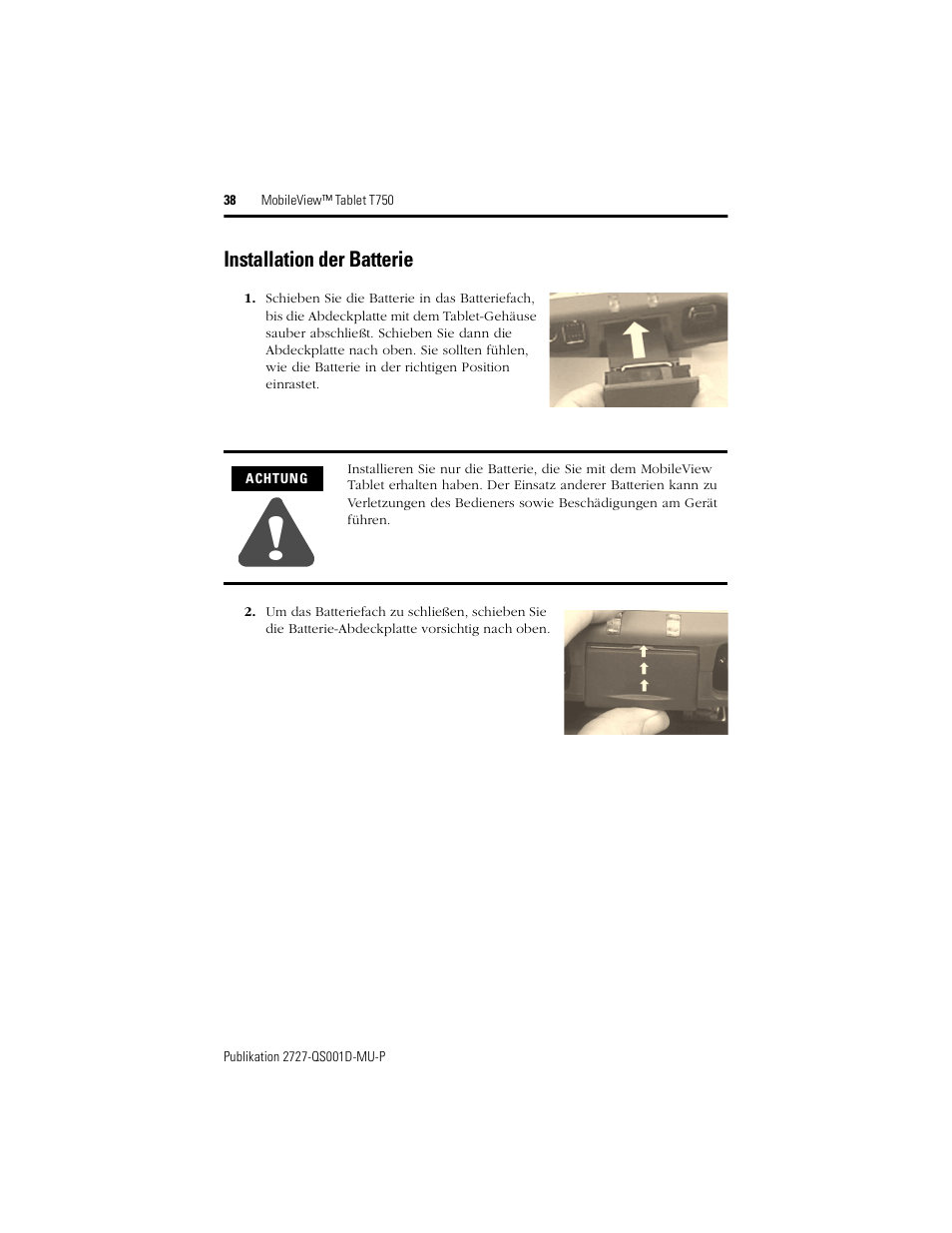 Installation der batterie | Rockwell Automation 2727-T7P30D1Fxx MobileView Tablet T750 Quick Start User Manual | Page 38 / 100