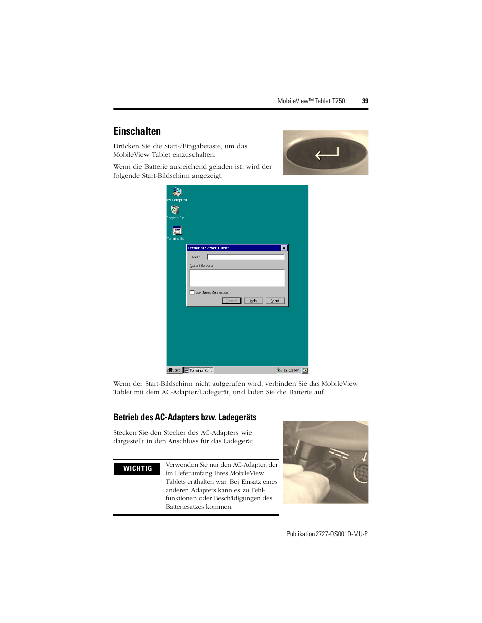 Einschalten, Betrieb des ac-adapters bzw. ladegeräts | Rockwell Automation 2727-T7P30D1Fxx MobileView Tablet T750 Quick Start User Manual | Page 39 / 100