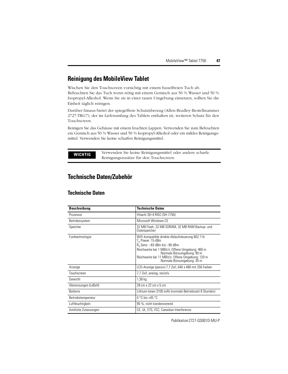 Reinigung des mobileview tablet, Technische daten/zubehör, Technische daten | Rockwell Automation 2727-T7P30D1Fxx MobileView Tablet T750 Quick Start User Manual | Page 47 / 100