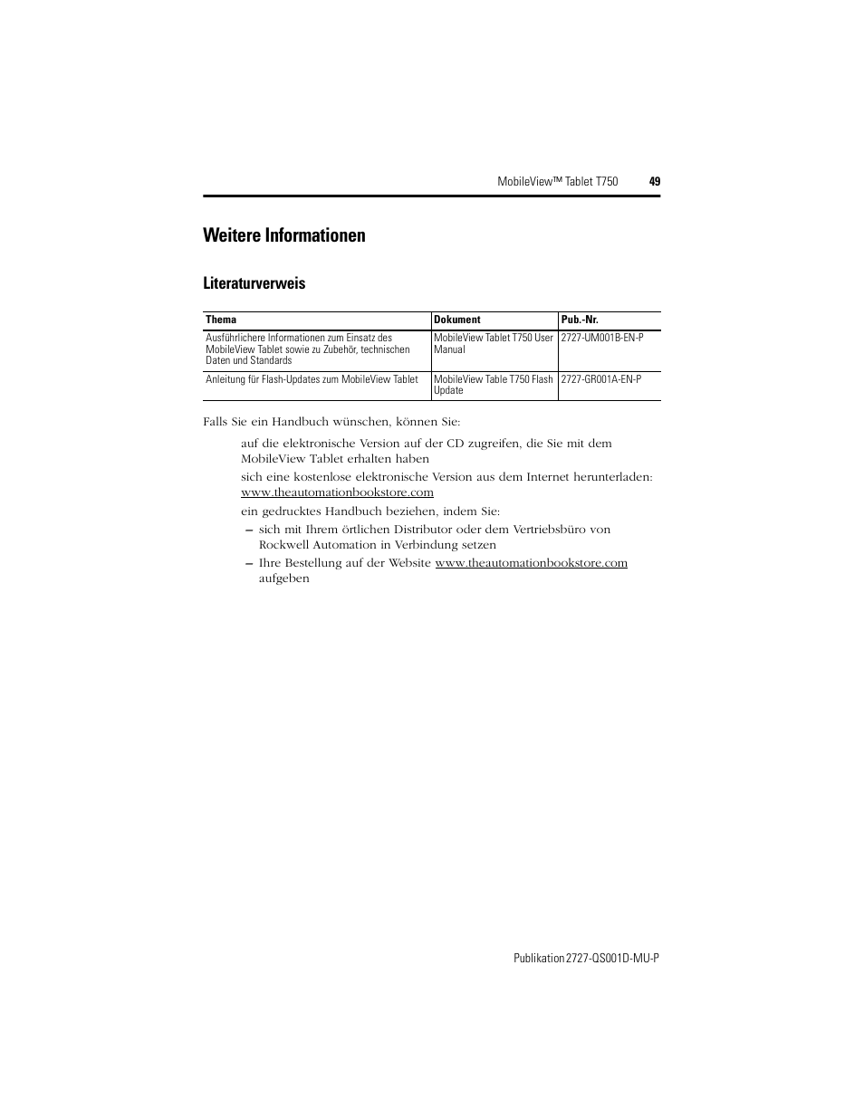 Weitere informationen, Literaturverweis | Rockwell Automation 2727-T7P30D1Fxx MobileView Tablet T750 Quick Start User Manual | Page 49 / 100