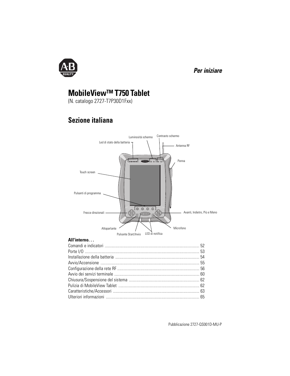 Sezione italiana, Mobileview™ t750 tablet, Per iniziare | Rockwell Automation 2727-T7P30D1Fxx MobileView Tablet T750 Quick Start User Manual | Page 51 / 100