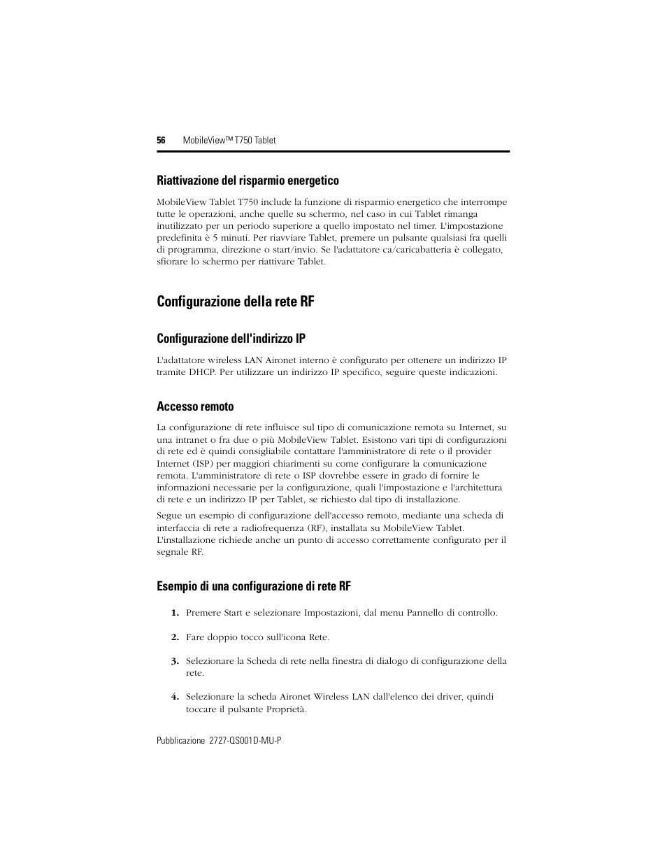 Configurazione della rete rf | Rockwell Automation 2727-T7P30D1Fxx MobileView Tablet T750 Quick Start User Manual | Page 56 / 100