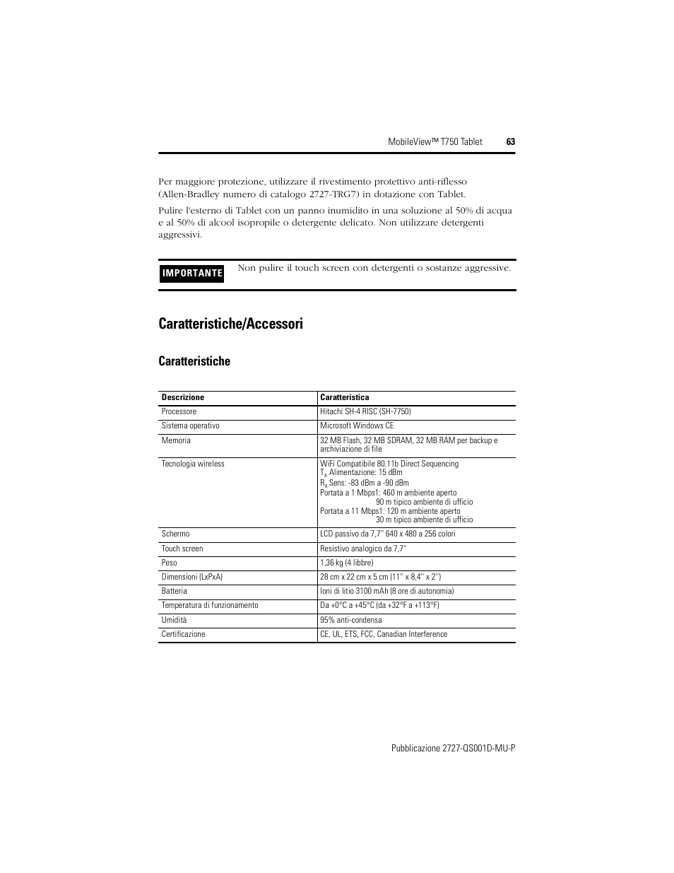 Caratteristiche/accessori, Caratteristiche | Rockwell Automation 2727-T7P30D1Fxx MobileView Tablet T750 Quick Start User Manual | Page 63 / 100