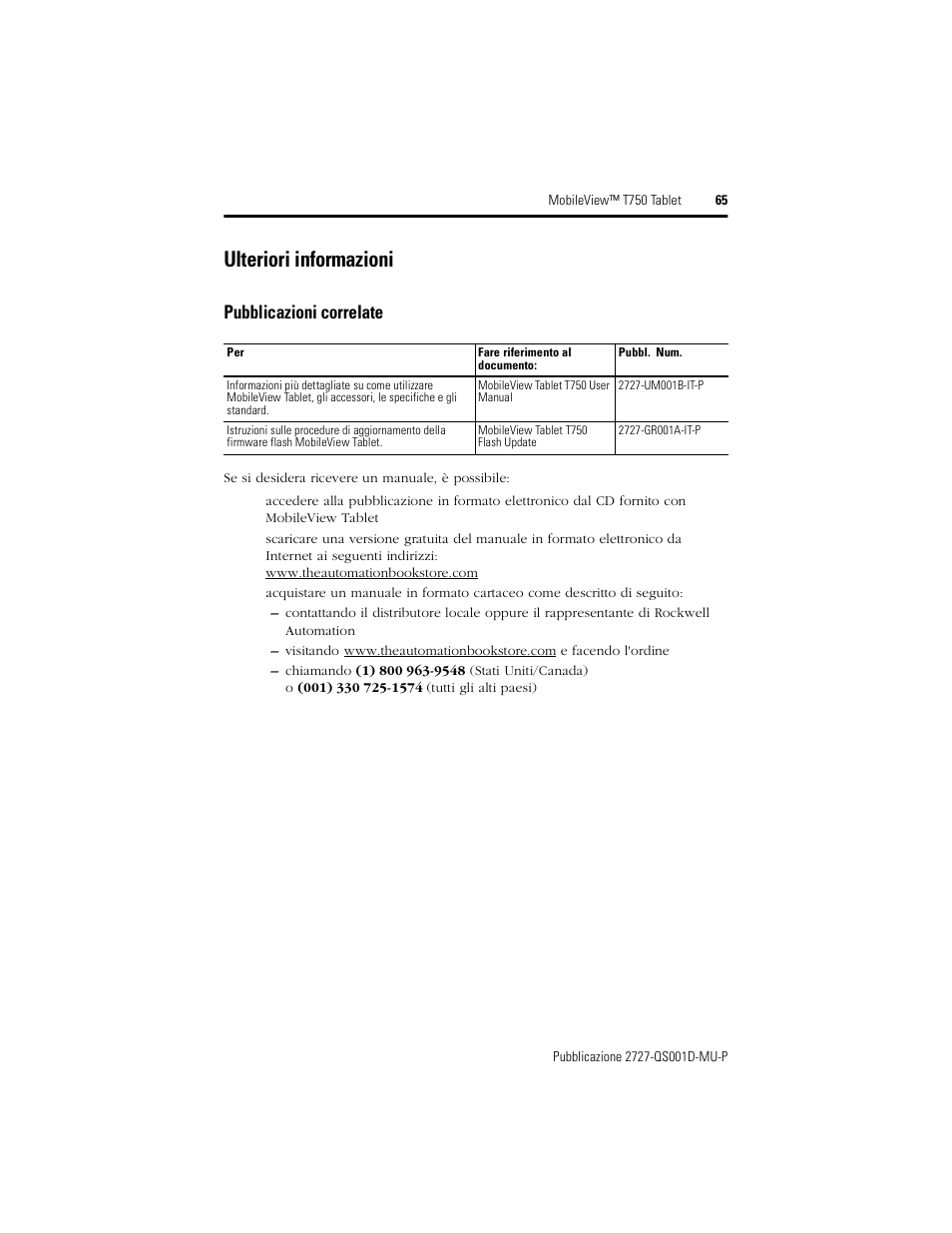 Ulteriori informazioni, Pubblicazioni correlate | Rockwell Automation 2727-T7P30D1Fxx MobileView Tablet T750 Quick Start User Manual | Page 65 / 100