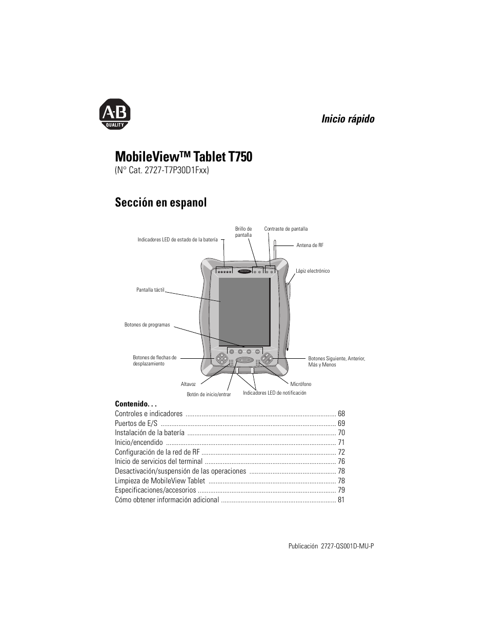 Sección en espanol, Mobileview™ tablet t750, Inicio rápido | Rockwell Automation 2727-T7P30D1Fxx MobileView Tablet T750 Quick Start User Manual | Page 67 / 100