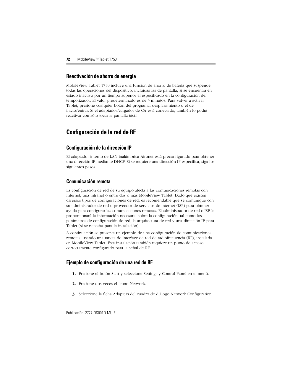 Configuración de la red de rf | Rockwell Automation 2727-T7P30D1Fxx MobileView Tablet T750 Quick Start User Manual | Page 72 / 100