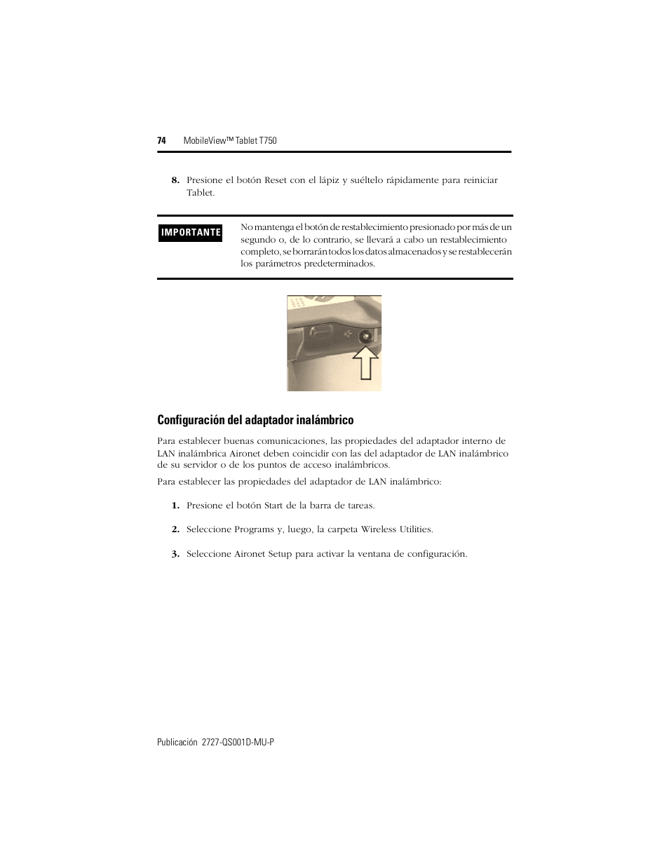 Configuración del adaptador inalámbrico | Rockwell Automation 2727-T7P30D1Fxx MobileView Tablet T750 Quick Start User Manual | Page 74 / 100