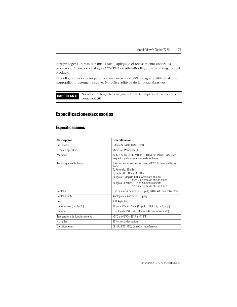 Especificaciones/accesorios, Especificaciones | Rockwell Automation 2727-T7P30D1Fxx MobileView Tablet T750 Quick Start User Manual | Page 79 / 100