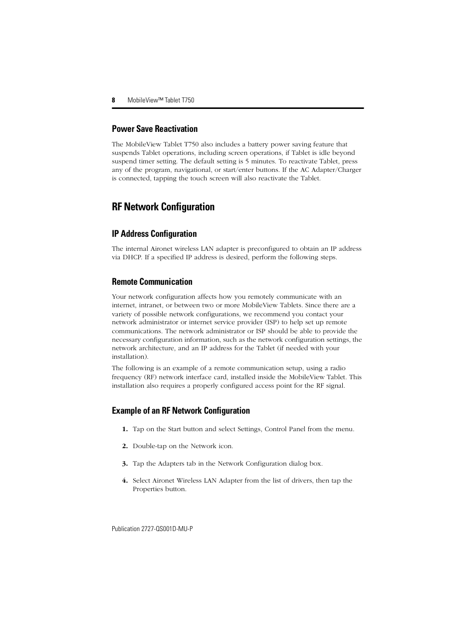 Rf network configuration | Rockwell Automation 2727-T7P30D1Fxx MobileView Tablet T750 Quick Start User Manual | Page 8 / 100