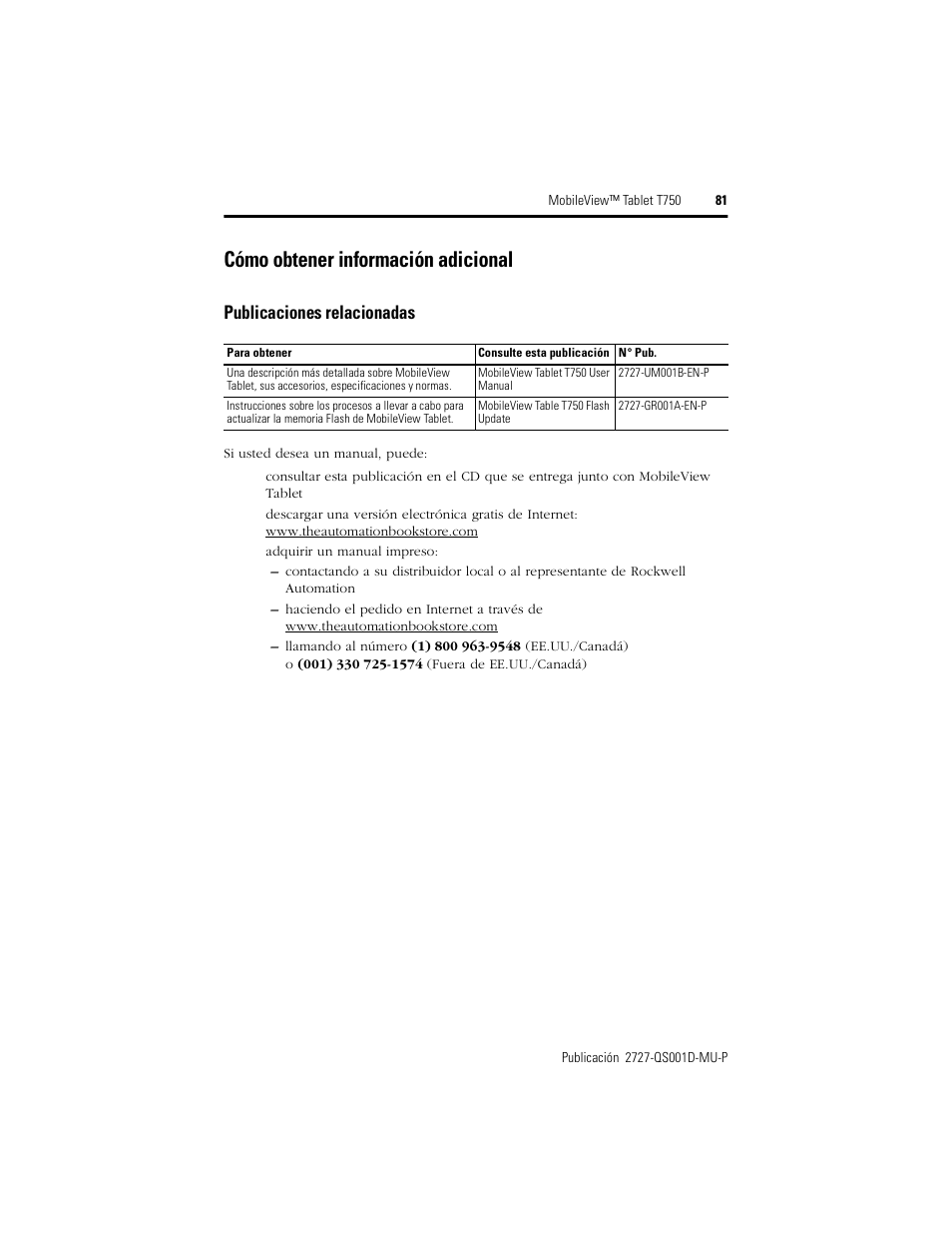 Cómo obtener información adicional, Publicaciones relacionadas | Rockwell Automation 2727-T7P30D1Fxx MobileView Tablet T750 Quick Start User Manual | Page 81 / 100