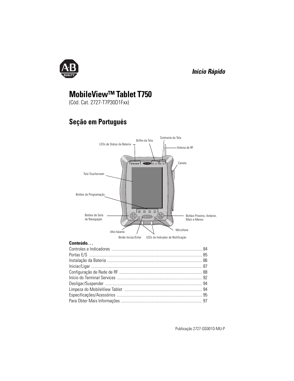 Seção em portugués, Mobileview™ tablet t750, Início rápido | Rockwell Automation 2727-T7P30D1Fxx MobileView Tablet T750 Quick Start User Manual | Page 83 / 100