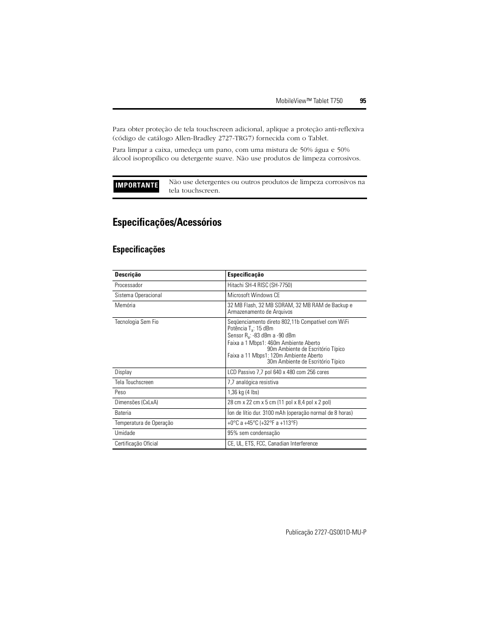 Especificações/acessórios, Especificações | Rockwell Automation 2727-T7P30D1Fxx MobileView Tablet T750 Quick Start User Manual | Page 95 / 100