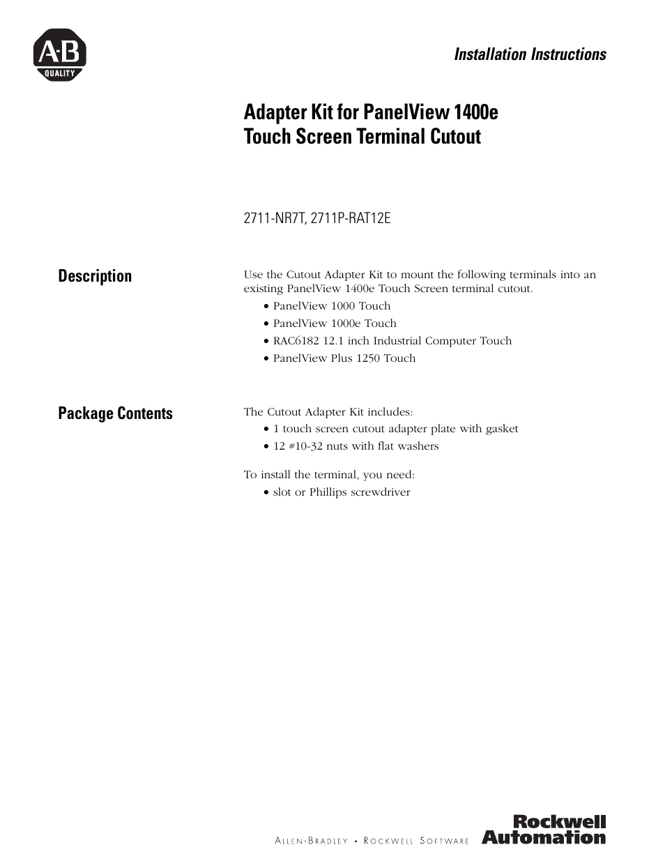 Rockwell Automation 2711P-RAT12E Adapter Kit for PanelView 1400eTouch Screen Terminal Cutout User Manual | 4 pages