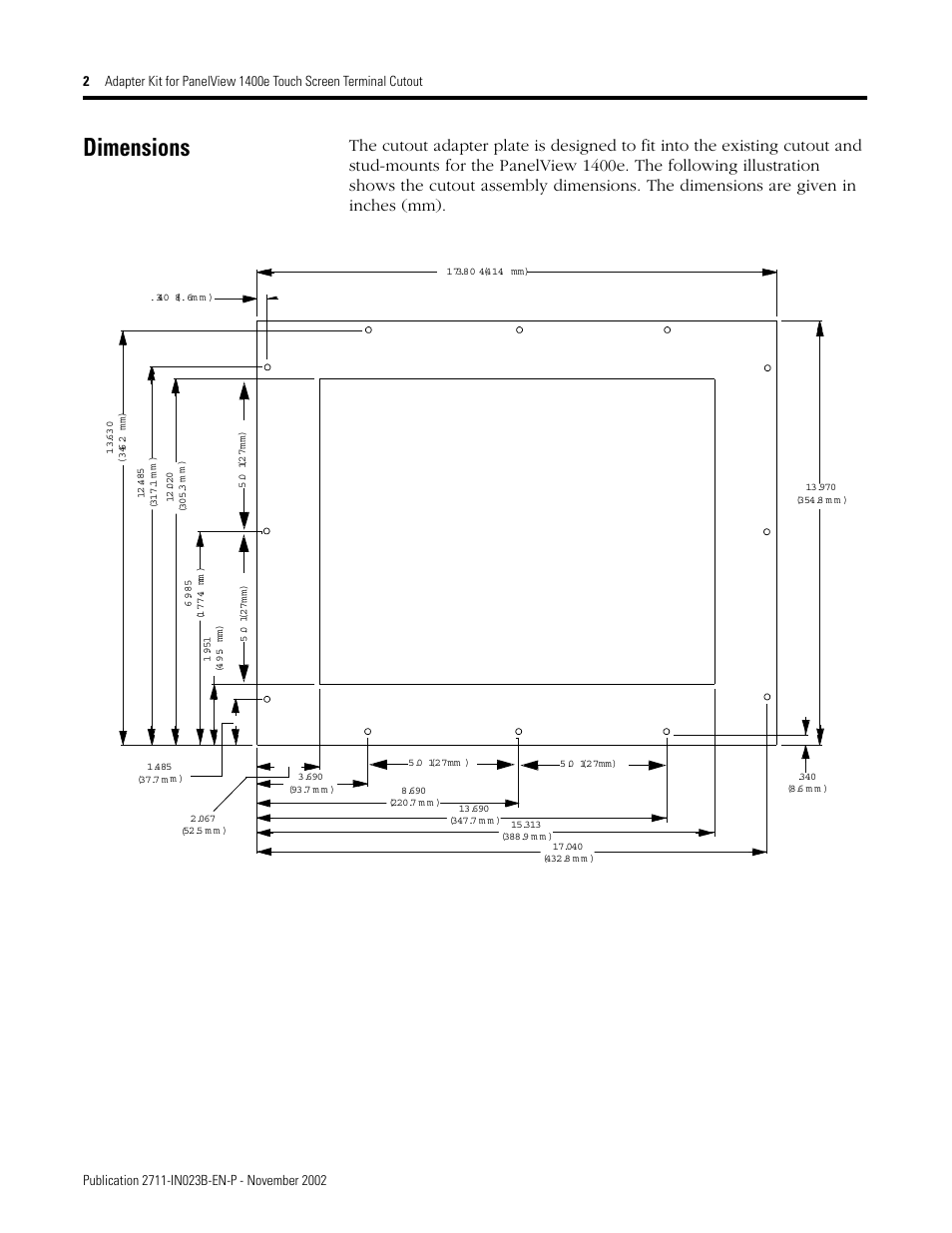 Dimensions | Rockwell Automation 2711P-RAT12E Adapter Kit for PanelView 1400eTouch Screen Terminal Cutout User Manual | Page 2 / 4