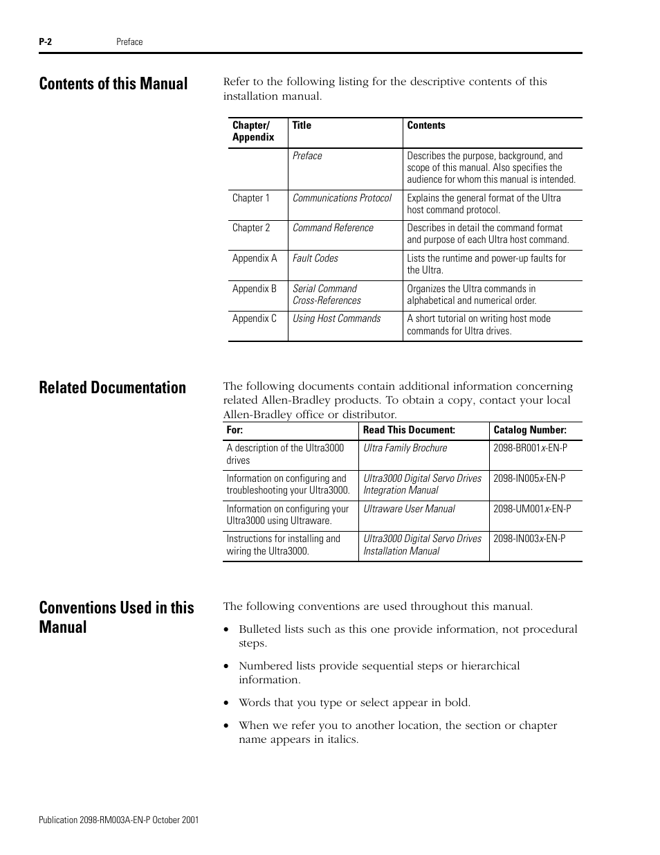 Contents of this manual, Related documentation, Conventions used in this manual | Rockwell Automation 2098-DSD-xxx Ultra3000 Host Commands for Serial Interface User Manual | Page 10 / 176