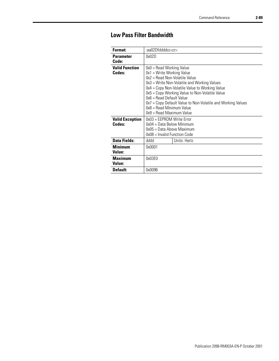 Low pass filter bandwidth, Low pass filter bandwidth -89 | Rockwell Automation 2098-DSD-xxx Ultra3000 Host Commands for Serial Interface User Manual | Page 105 / 176