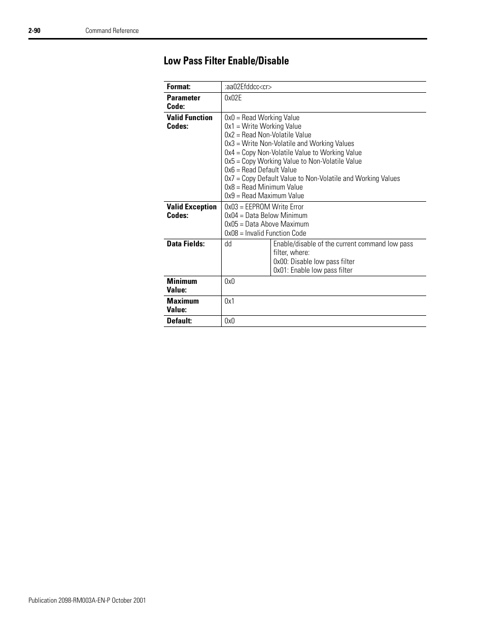 Low pass filter enable/disable, Low pass filter enable/disable -90 | Rockwell Automation 2098-DSD-xxx Ultra3000 Host Commands for Serial Interface User Manual | Page 106 / 176