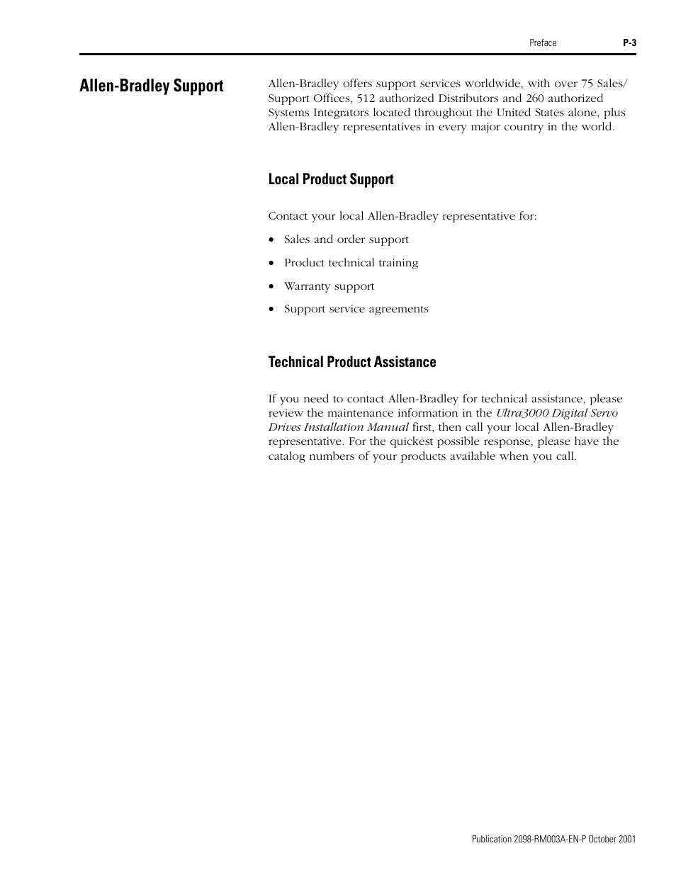 Allen-bradley support, Local product support, Technical product assistance | Rockwell Automation 2098-DSD-xxx Ultra3000 Host Commands for Serial Interface User Manual | Page 11 / 176