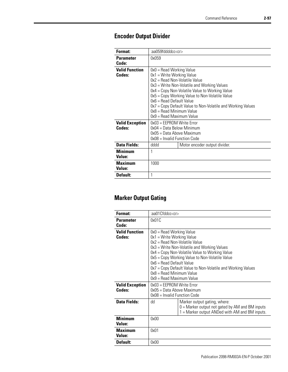 Encoder output divider, Marker output gating, Encoder output divider marker output gating | Rockwell Automation 2098-DSD-xxx Ultra3000 Host Commands for Serial Interface User Manual | Page 113 / 176