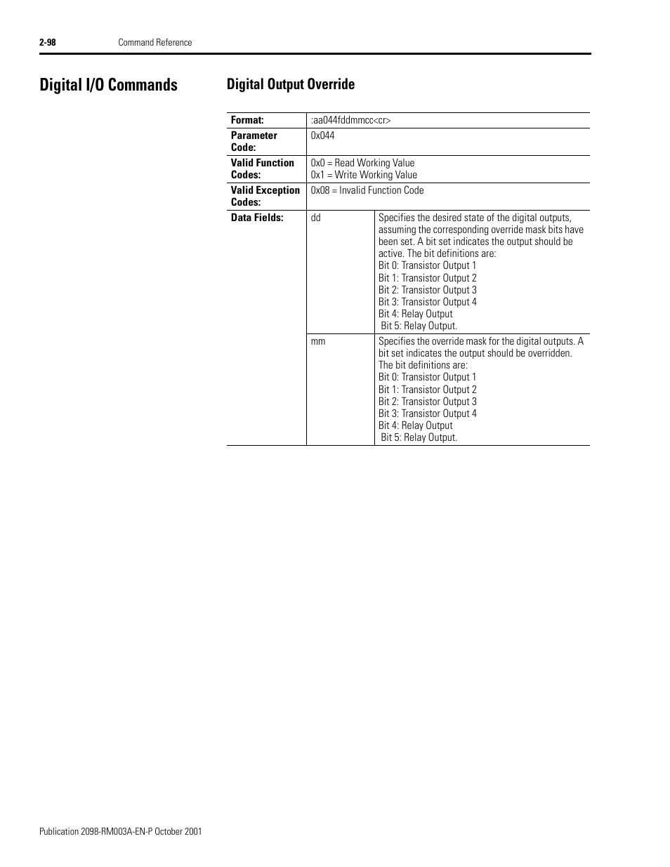 Digital i/o commands, Digital output override, Digital i/o commands -98 | Digital output override -98 | Rockwell Automation 2098-DSD-xxx Ultra3000 Host Commands for Serial Interface User Manual | Page 114 / 176