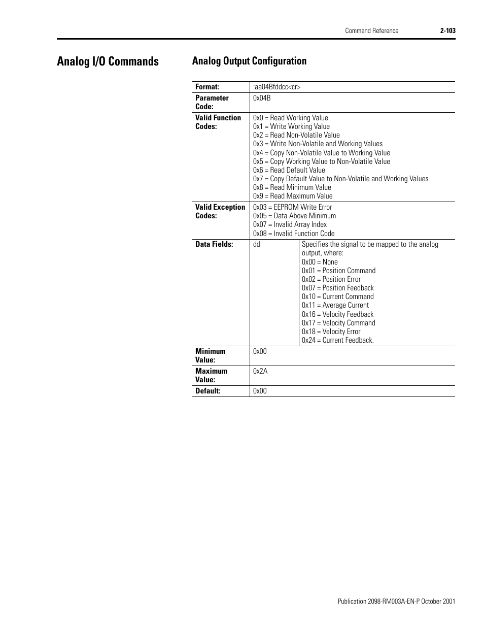 Analog i/o commands, Analog output configuration, Analog i/o commands -103 | Analog output configuration -103 | Rockwell Automation 2098-DSD-xxx Ultra3000 Host Commands for Serial Interface User Manual | Page 119 / 176