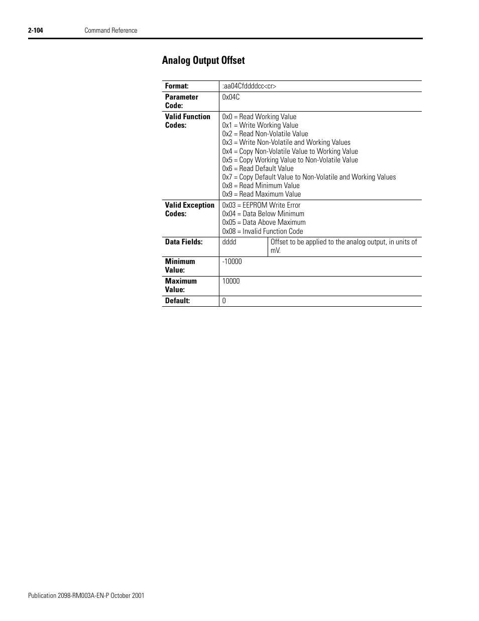Analog output offset, Analog output offset -104 | Rockwell Automation 2098-DSD-xxx Ultra3000 Host Commands for Serial Interface User Manual | Page 120 / 176
