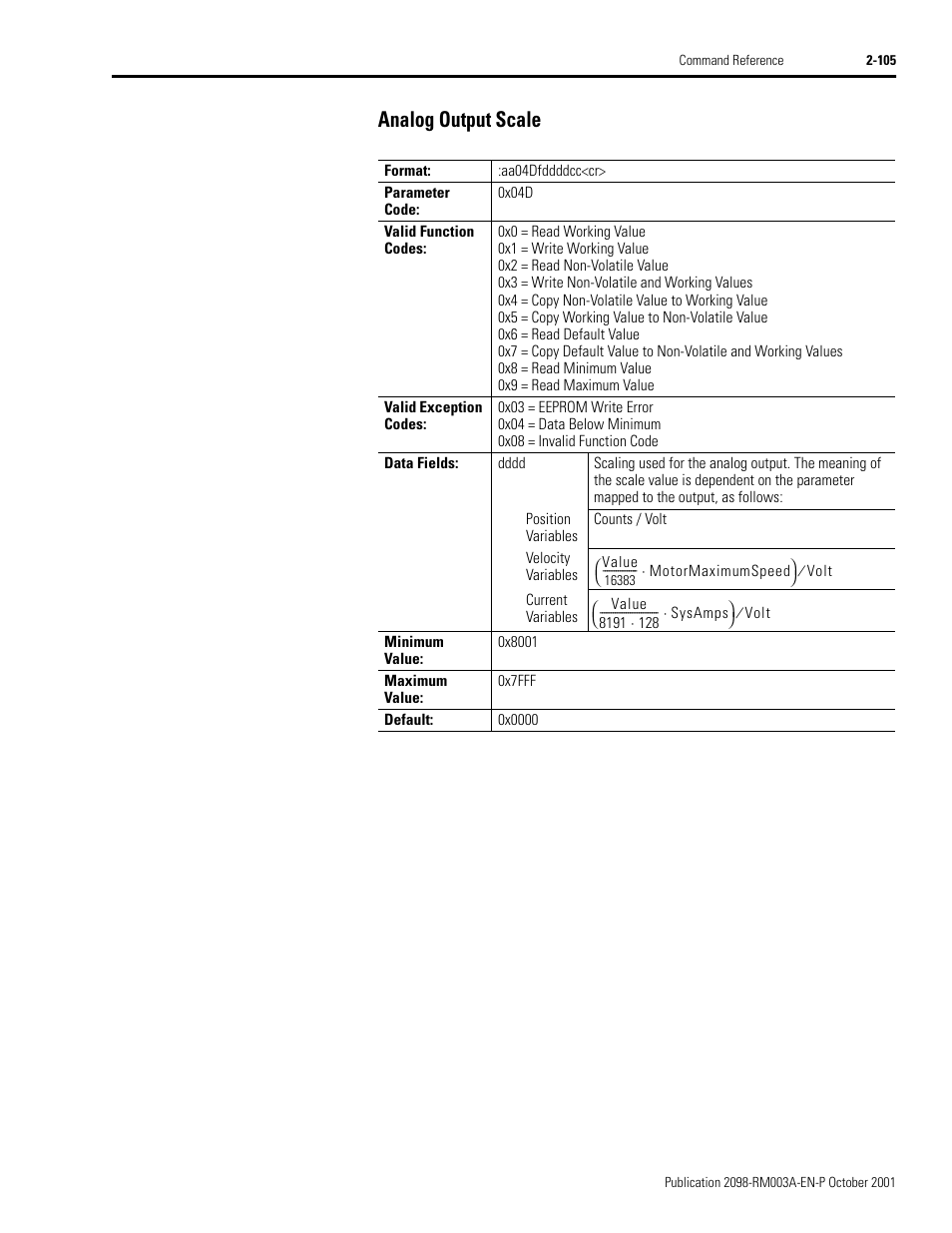 Analog output scale, Analog output scale -105 | Rockwell Automation 2098-DSD-xxx Ultra3000 Host Commands for Serial Interface User Manual | Page 121 / 176