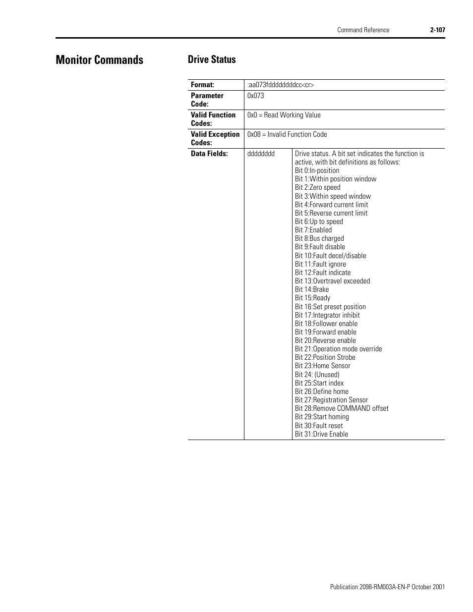 Monitor commands, Drive status, Monitor commands -107 | Drive status -107 | Rockwell Automation 2098-DSD-xxx Ultra3000 Host Commands for Serial Interface User Manual | Page 123 / 176