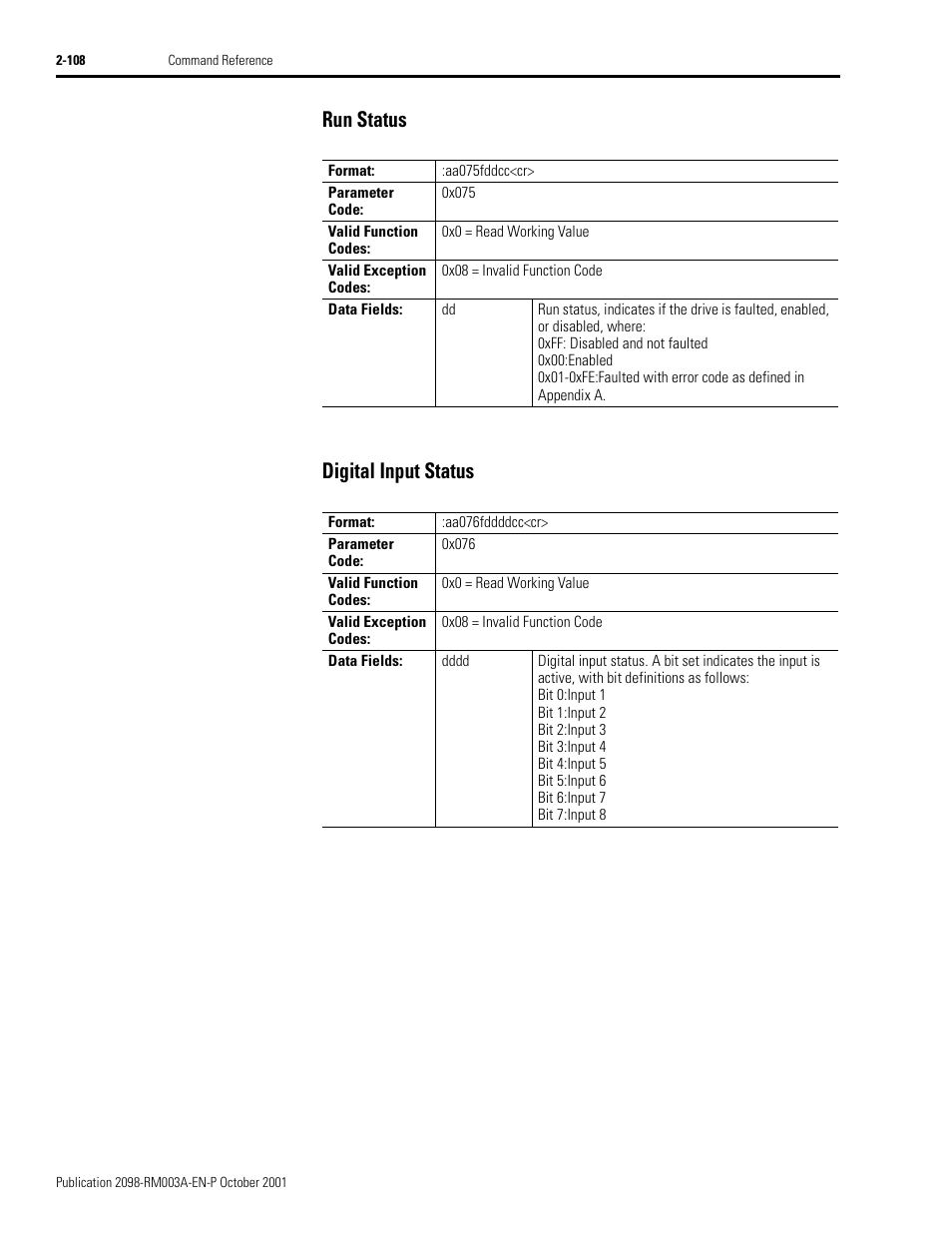 Run status, Digital input status, Run status -108 digital input status -108 | Run status digital input status | Rockwell Automation 2098-DSD-xxx Ultra3000 Host Commands for Serial Interface User Manual | Page 124 / 176