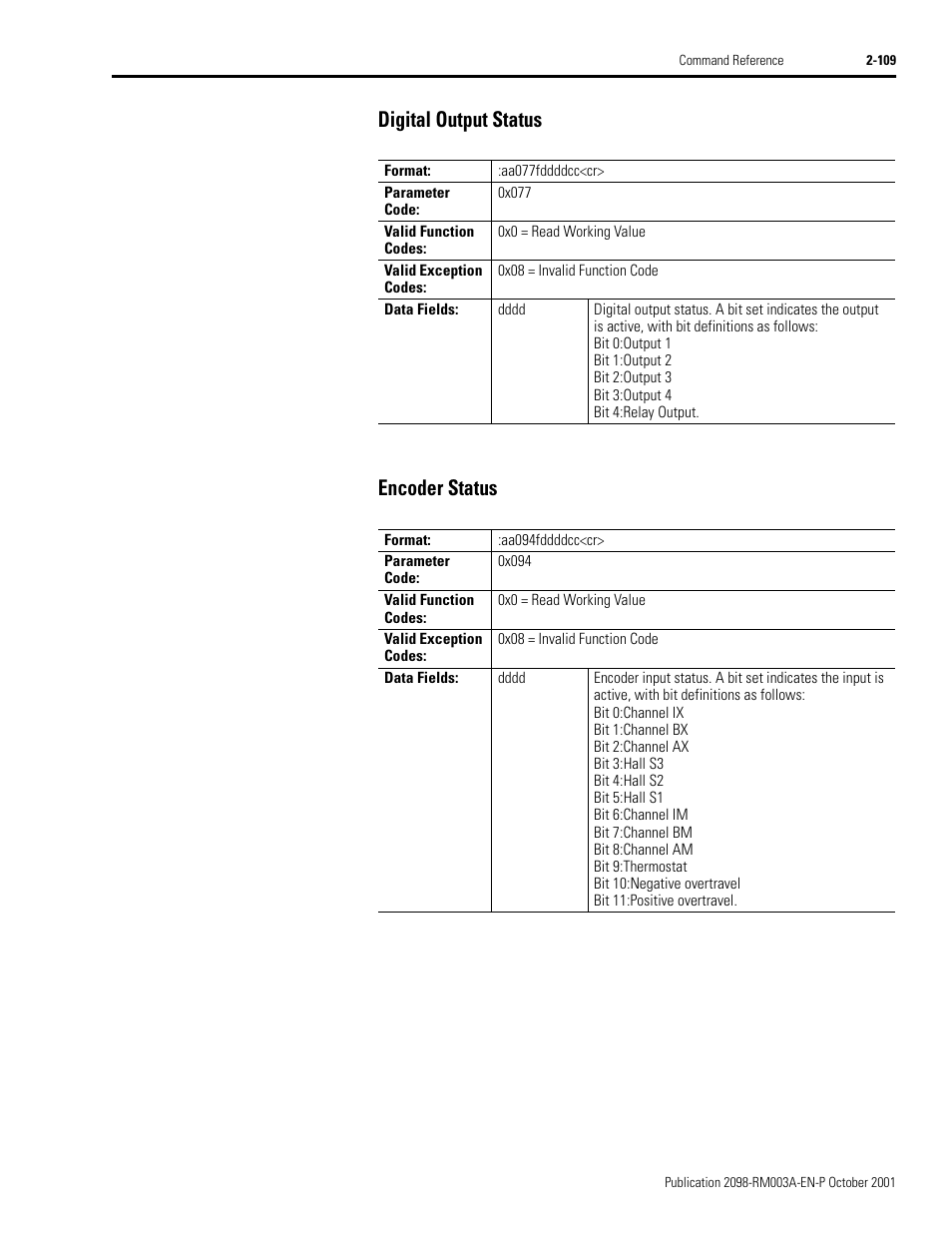 Digital output status, Encoder status, Digital output status -109 encoder status -109 | Digital output status encoder status | Rockwell Automation 2098-DSD-xxx Ultra3000 Host Commands for Serial Interface User Manual | Page 125 / 176