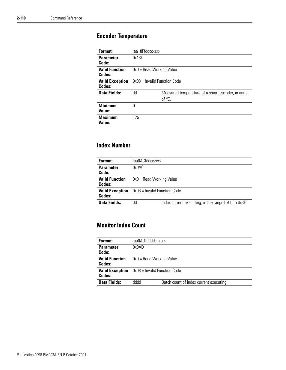 Encoder temperature, Index number, Monitor index count | Encoder temperature -110, Index number -110 monitor index count -110 | Rockwell Automation 2098-DSD-xxx Ultra3000 Host Commands for Serial Interface User Manual | Page 126 / 176