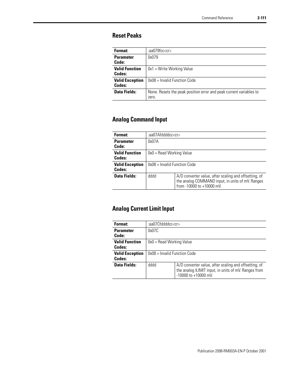 Reset peaks, Analog command input, Analog current limit input | Rockwell Automation 2098-DSD-xxx Ultra3000 Host Commands for Serial Interface User Manual | Page 127 / 176