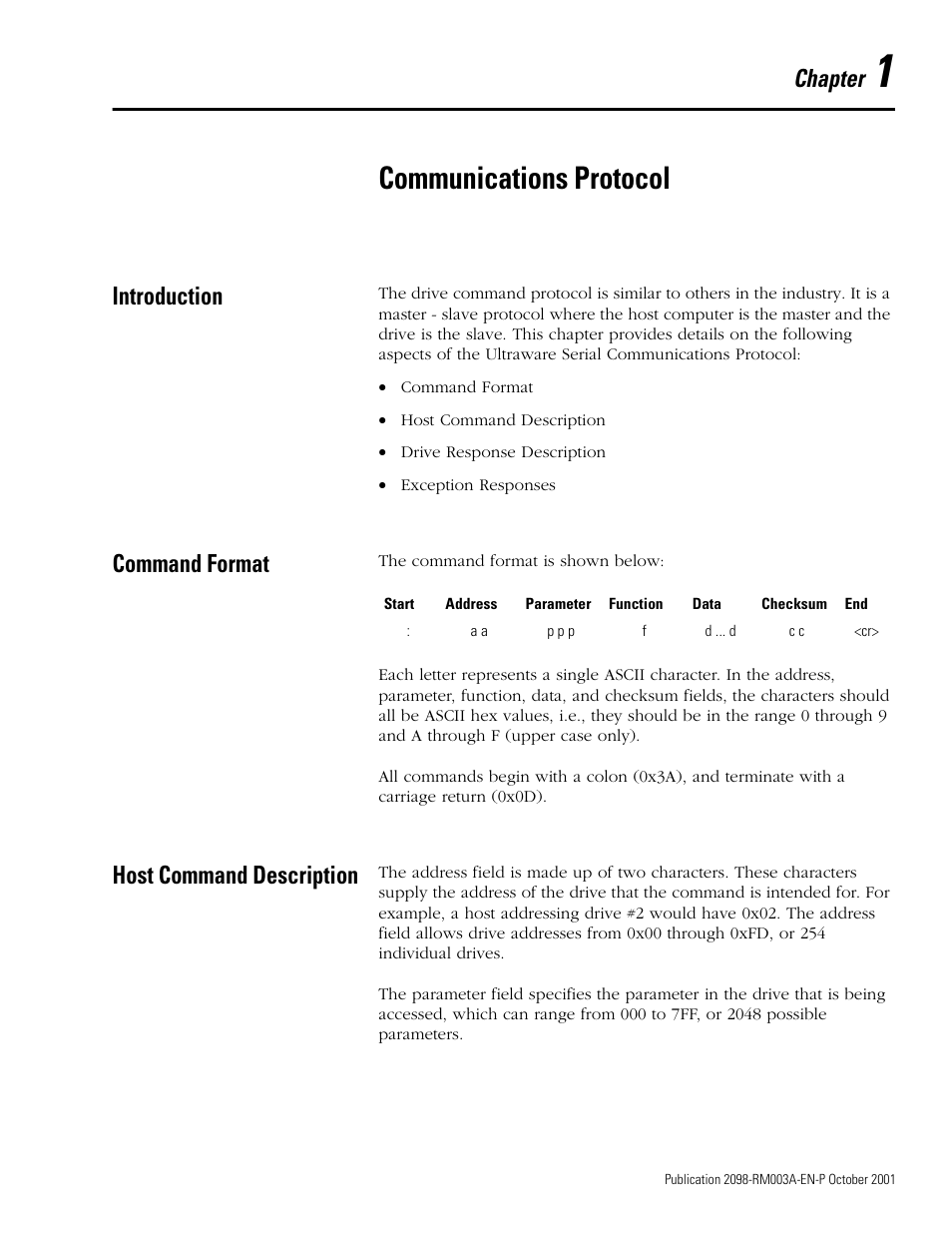 Communications protocol, Introduction, Command format | Host command description, Chapter 1, Chapter | Rockwell Automation 2098-DSD-xxx Ultra3000 Host Commands for Serial Interface User Manual | Page 13 / 176