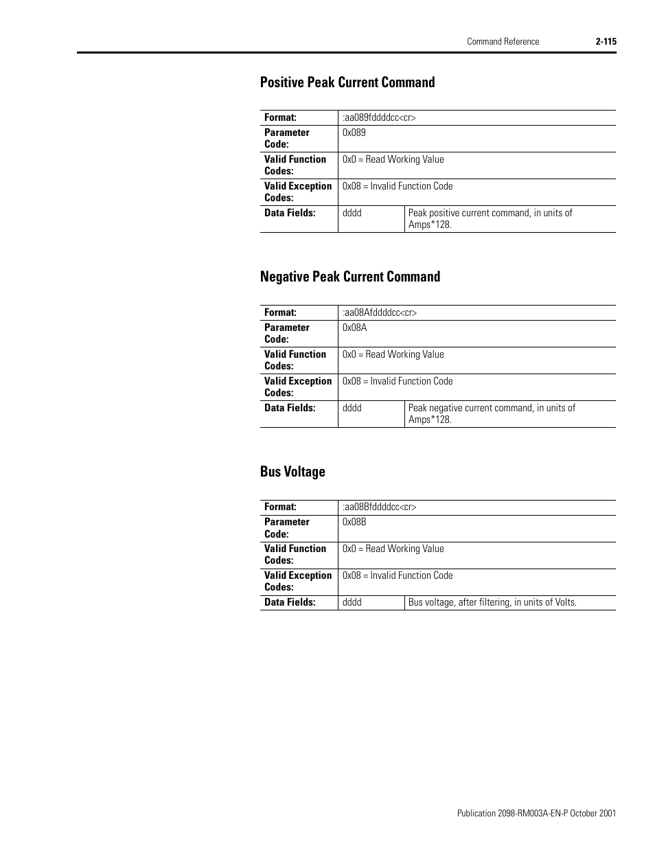 Positive peak current command, Negative peak current command, Bus voltage | Rockwell Automation 2098-DSD-xxx Ultra3000 Host Commands for Serial Interface User Manual | Page 131 / 176