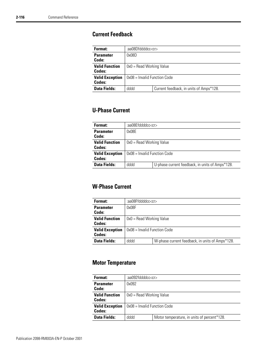 Current feedback, U-phase current, W-phase current | Motor temperature | Rockwell Automation 2098-DSD-xxx Ultra3000 Host Commands for Serial Interface User Manual | Page 132 / 176