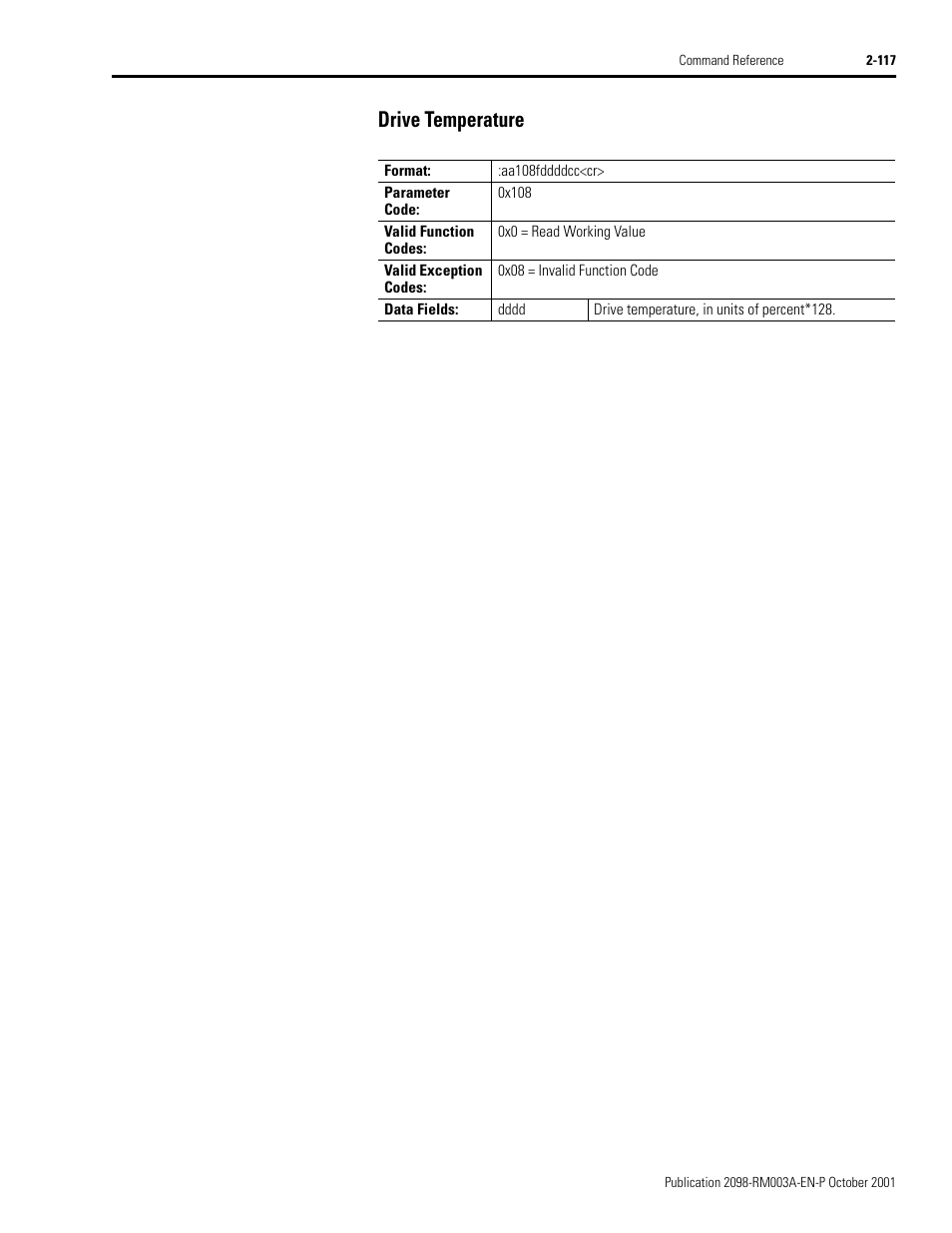 Drive temperature, Drive temperature -117 | Rockwell Automation 2098-DSD-xxx Ultra3000 Host Commands for Serial Interface User Manual | Page 133 / 176