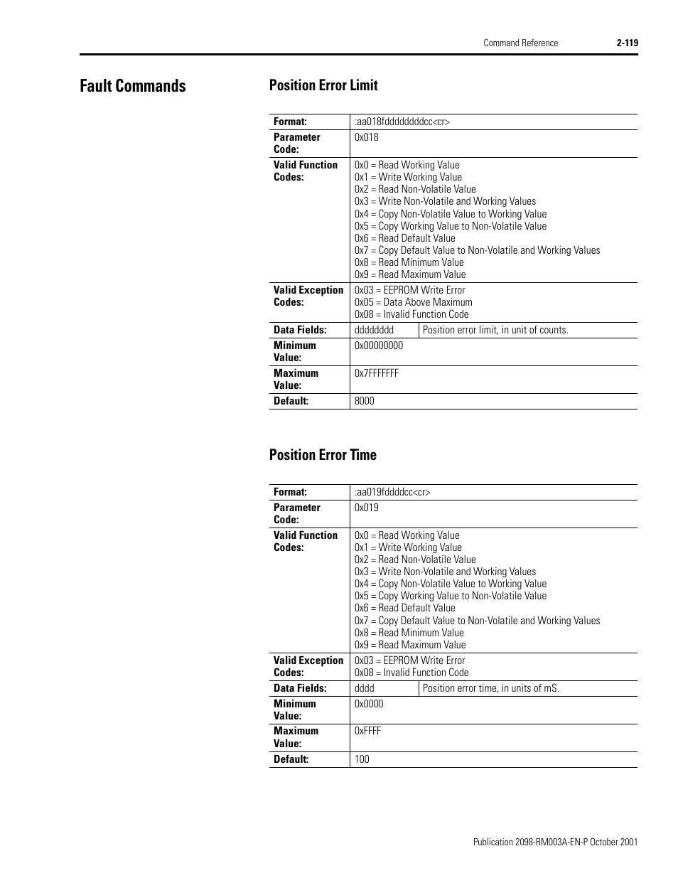 Fault commands, Position error limit, Position error time | Fault commands -119, Position error limit -119 position error time -119, Position error limit position error time | Rockwell Automation 2098-DSD-xxx Ultra3000 Host Commands for Serial Interface User Manual | Page 135 / 176