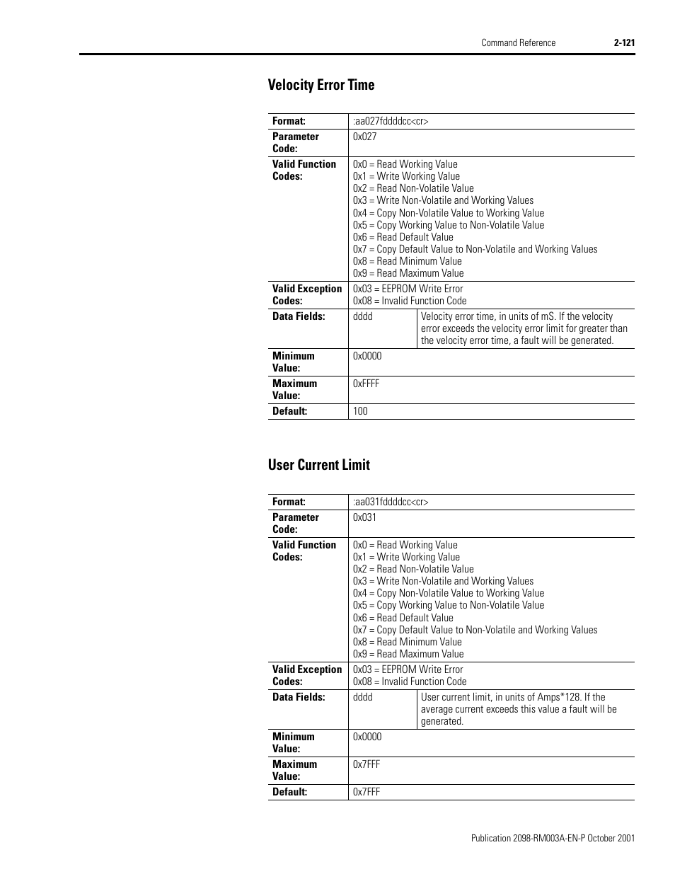 Velocity error time, User current limit, Velocity error time -121 user current limit -121 | Velocity error time user current limit | Rockwell Automation 2098-DSD-xxx Ultra3000 Host Commands for Serial Interface User Manual | Page 137 / 176