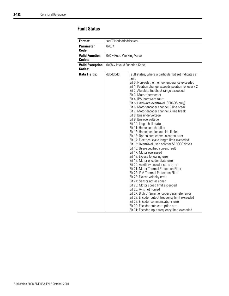 Fault status, Fault status -122 | Rockwell Automation 2098-DSD-xxx Ultra3000 Host Commands for Serial Interface User Manual | Page 138 / 176