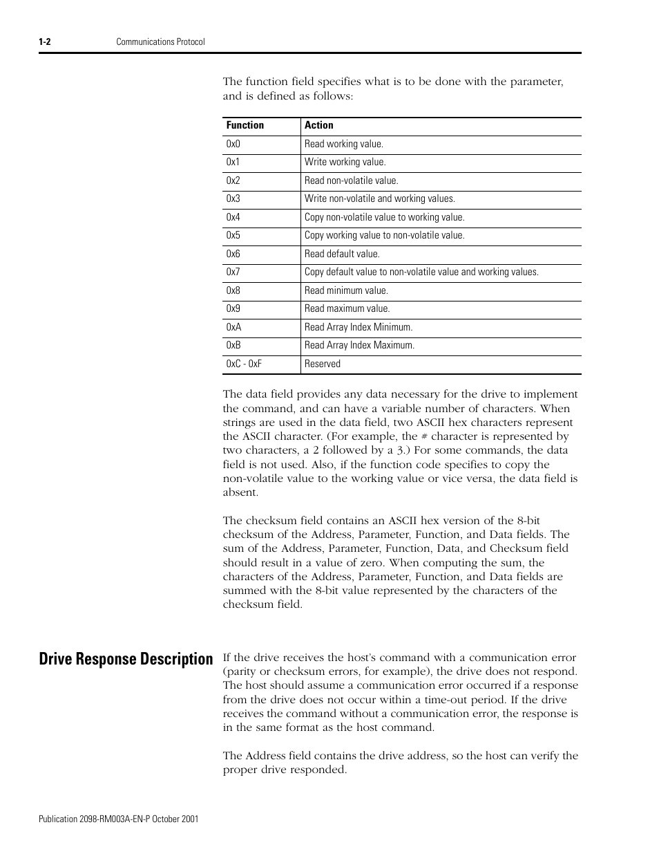 Drive response description, Drive response description -2 | Rockwell Automation 2098-DSD-xxx Ultra3000 Host Commands for Serial Interface User Manual | Page 14 / 176